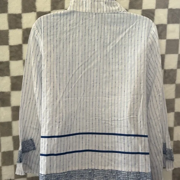 Terra Sj Apperal Large Blouse Shirt White Blue Linen Lagenlook - Picture 10 of 13